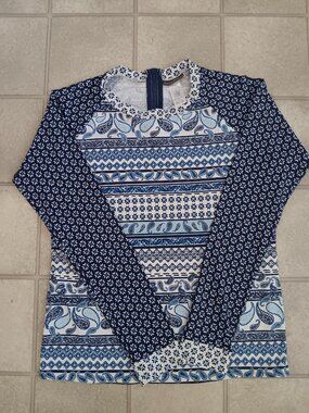 Tommy Bahama Long Sleeve Rash Guard Swim Top - Blue Paisley & Geometric Print XL